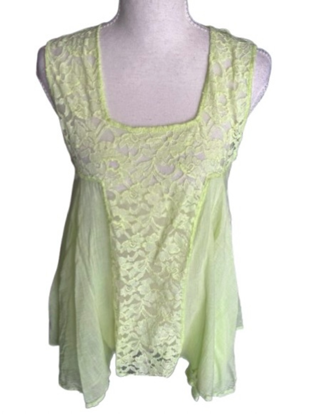 Y2K Lace Boho FP ONE Free People Tank Top Vintage Y2K Bright Lime Green Large